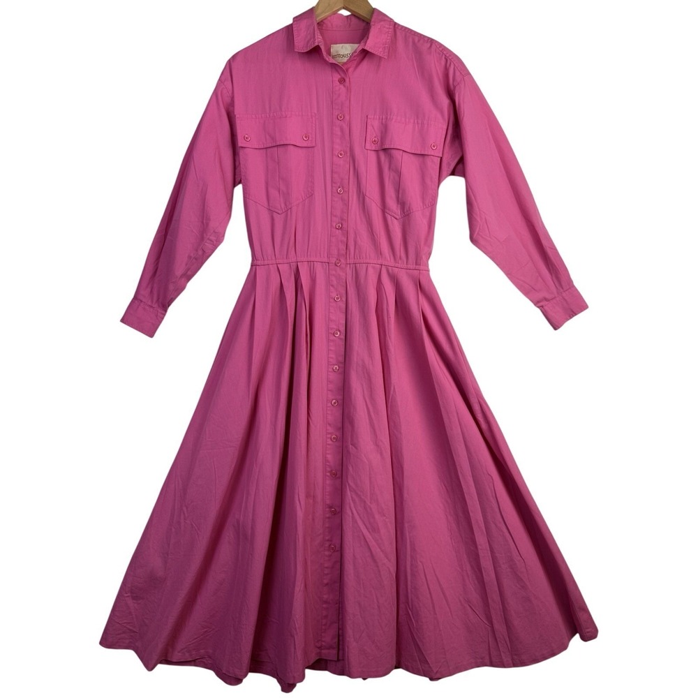 Vintage ALAIN TOUSSAINT Pink Fit &‎ Flare Midi Shirt Dress Modest 1980s Sz 4P